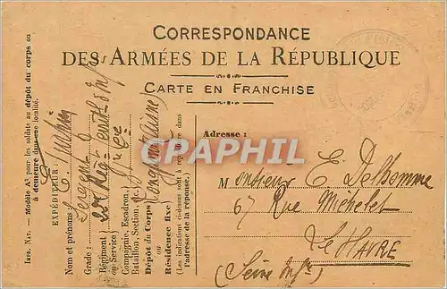 Carte de Franchise militaire Delhomme Rue Michelet Le Havre Longpont Turpin