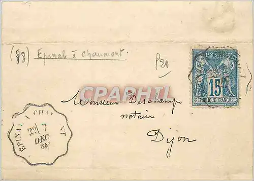 Lettre 15c Sage cachet convoyeur Epinal a Chaumont 1884