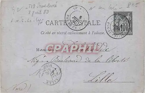 Entier Postal 10c Sage Delahodde Lille cachet sans levee 1880 Aire sur Lys Rare