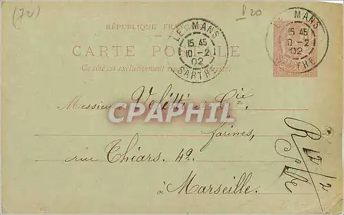 Entier Postal 10c Mouchon Le Mans 1902 pour Marseille (n�143 en bas)
