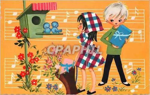 Cartes postales moderne Enfants Accordeon Oiseaux