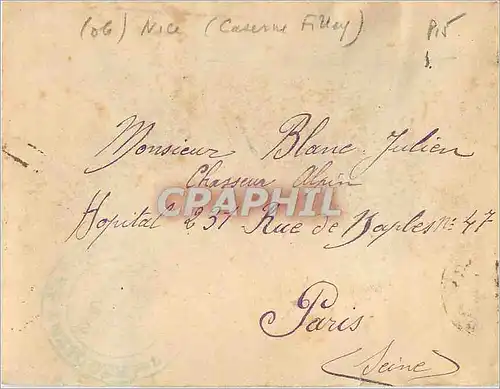 Lettre Franchie Militaire Cachet vert 7eme regiment d'Artillerie Militaria pour Julien Blanc Chasseu