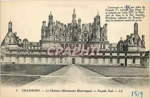 Cartes postales Chambord Le Chateau (Monument Historique) Facade Sud