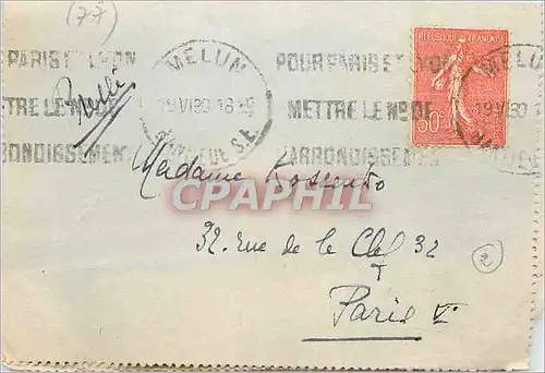 Lettre Carte 50c Semeuse Lignee cad Melun 1930 pour Paris