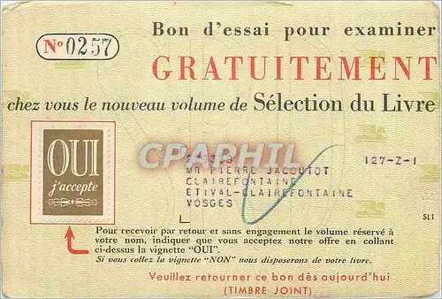 Cartes postales Bon d'Essai pour examiner Gratuitement chez le Nouveau volume de Selection de Livre Readers's Di