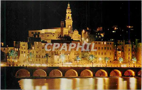 Moderne Karte Menton (A M) Les Sites Merveilleux de la Cote d'Azur La Ville vue de Nuit