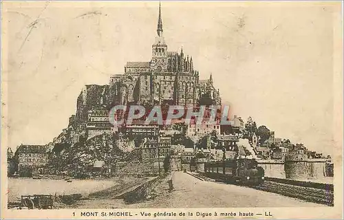 Cartes postales Mont St Michel Vue Generale de la Digue a Maree Haute Train