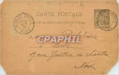 Entier postal 10 c Sage cahcet Gare de Troyes 1891 pour Lille