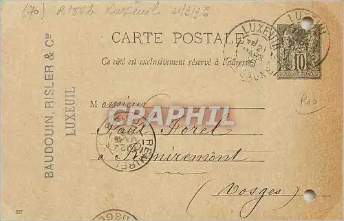 Entier Postal 10cSage Foret pour Remiremont 1896 cad Luxeuil