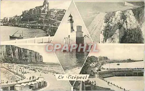 Moderne Karte Le Treport Le Port et l'Eglise Vue Generale de la Plage Le Phare La Digue Quai Francois Ier