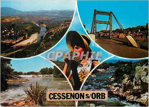Moderne Karte Cessenon sur Orb (Herault) Vue Generale prise du belvedere Le Pont Vendangeuse Moulin Neuf et la
