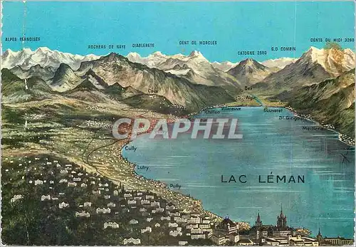 Moderne Karte Lac Leman Panorama du Lac Leman Alpes Bernoises Rochers de Naye Diablerets Dent de Morcles