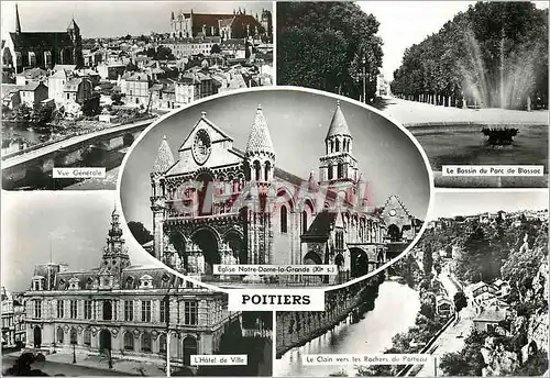 Moderne Karte Poitiers Vue generale Le bassin du parc de Blossac L'hotel de ville Eglise Notre Dame la Grande