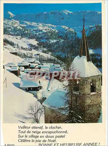 Moderne Karte Bonne et Heureuse Annee Veilleur Attentif Le Clocher Tout de neige encapuchonne