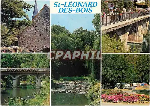 Cartes postales moderne Saint Leonard des Bois (Sarthe) L'Eglise Baignade dans un Gue Le Pont sur la Sarthe et Camping