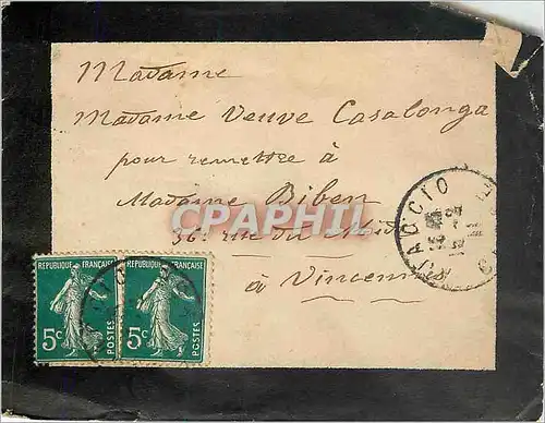 Lettre Paire 5c Semeuse cad Ajaccio 1911 pour Casalonga Vincennes