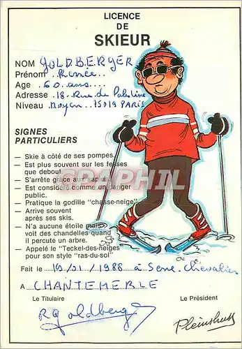 Cartes postales moderne Licence de Skieur Signes Particuliers Ski