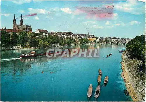 Cartes postales moderne Basel Le Rhin avec la cathedrale Bateay Peniche