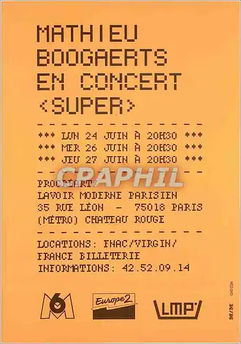 Moderne Karte Mathieu Boogaerts en concert super Paris FNAC Virgin