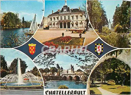Cartes postales moderne Chatellerault (Vienne) Ecole de voile sur la Vienne Hotel de Ville Jet d'eau et square Gambetta