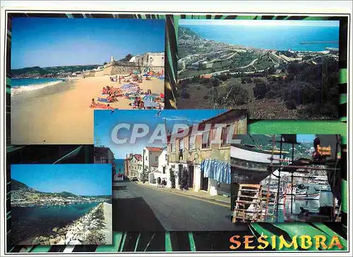 Cartes postales moderne Sesimbra Praia da California e a Fortaleza Vista Panoramica de Vila Desde