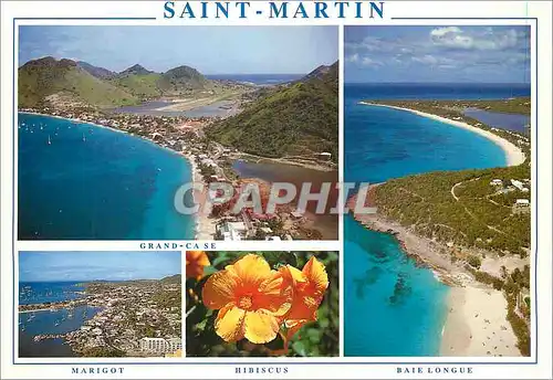 Moderne Karte Saint Martin Antilles Francaises Grand Case Marigot Hibiscus Baie Longue