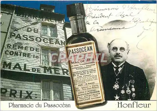 Moderne Karte Honfleur (Calvados) Pharmacie du Passocean Flacon original du Remede contre le Mal de Mer