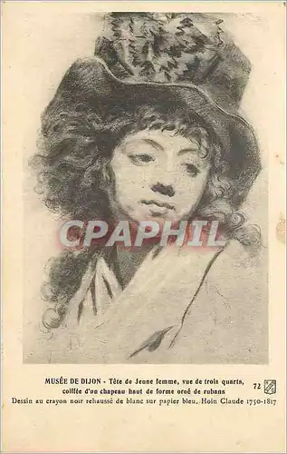 Cartes postales Musee de Dijon Tete de Jeune femme vue de trois quarts coiffee d'un chapeau haut de forme orne d