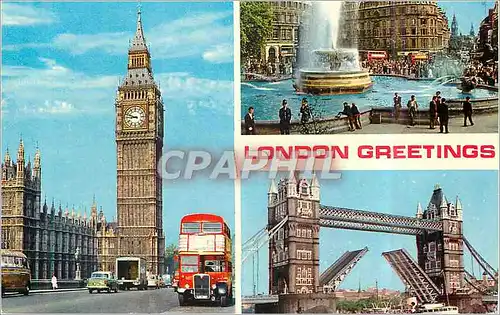 Moderne Karte London Greetings Big Ben Trafaigar Square and Tower Bridge London