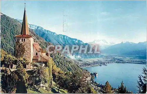 Moderne Karte Montreux L'Eglise de Glion et les Dents du Midi