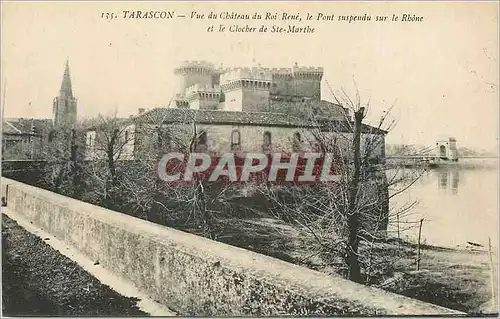 Cartes postales Tarascon Vue du Chateau du Roi Rene le Pont suspendu sur le Rhone et le Clocher de Ste Marthe
