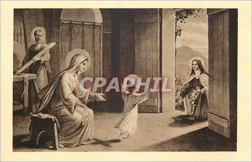 Ansichtskarte AK Ste Therese de l'Enfant Jesus Jetant des fleurs sous les pas de l'Enfant Jesus (Tableau Allegori