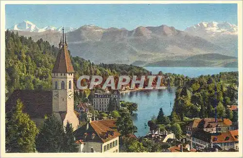 Moderne Karte Schlosskirche Thun mit Thunersee Jungfrau und Blumlisalp