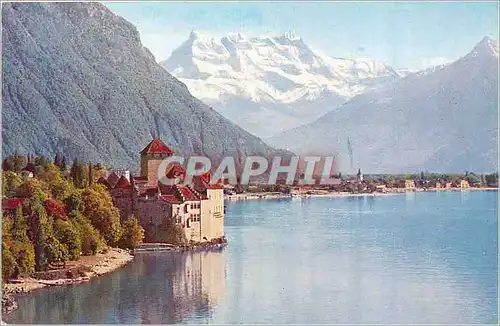 Moderne Karte Chateau de Chillon et les Dents du Midi