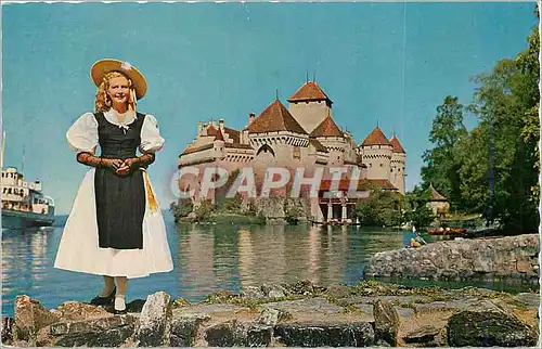 Moderne Karte Lac Leman Chateau de Chillon (Suisse) Femme Folklore