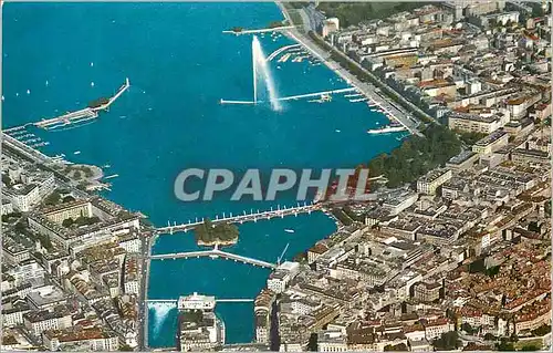 Moderne Karte Geneve Vue aerienne et le Jet d'Eau (130 m)