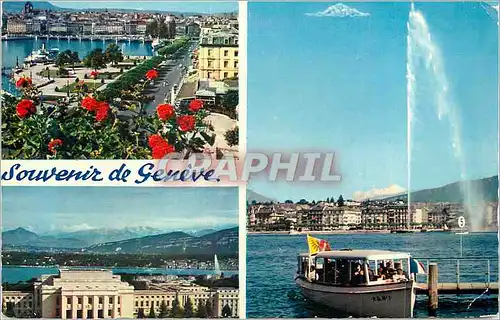 Cartes postales moderne Souvenir de Geneve La Rade Le Palais des Nations Le Jet d'Eau Bateau