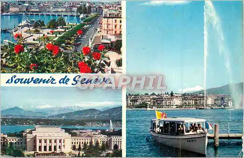 Moderne Karte Souvenir de Geneve La Rade Le Palais des Nations Le Jet d'Eau Bateau