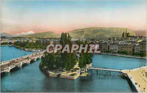Cartes postales moderne Geneve Ile Rousseau Pont et Massif du Mont Blanc