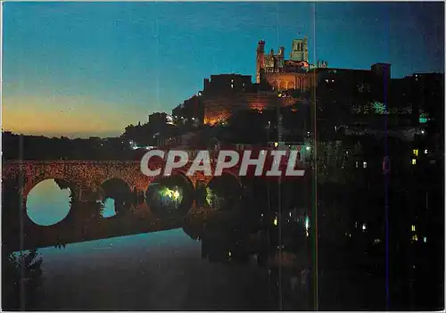 Moderne Karte Beziers Paysage du Languedoc le Vieux pont et la Cathedrale St Nazaire la Nuit