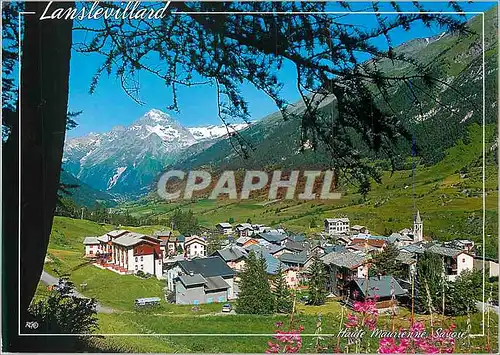 Moderne Karte Lanslevillard (alt 1450m) en Haute Maurienne Savoie Panorama sur le Village face a la Dent Parra