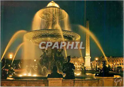 Moderne Karte Paris et ses Merveilles Fontaine de la Place de la Concorde et l'Obelisque de Lougsor Illumines