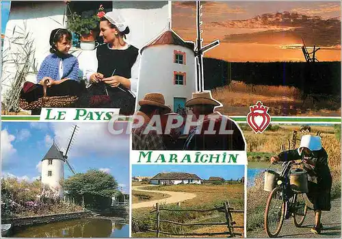 Cartes postales moderne Le Pays Maraichin (Vendee) France Folklore Vendeen Le Marais Un Moulin a Vent Une Bourrine une F