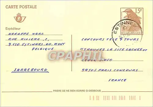 Entier Postal Belgique Oiseau Hanappe