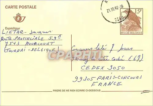 Entier Postal Belgique Oiseau Lietar