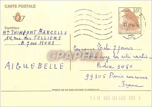 Entier Postal Belgique Oiseau Thimpont