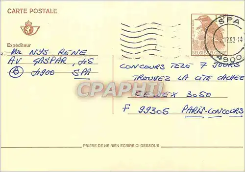 Entier Postal Belgique Oiseau Nys