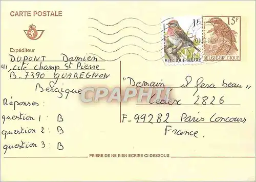 Entier Postal Belgique Oiseau Dupont