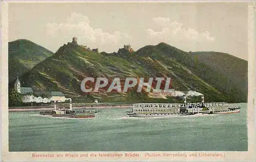 Ansichtskarte AK Bornhofen am Rhein und die Feindlichen Bruder (Ruinen Sterrenberg und Liebenstein) Bateaux