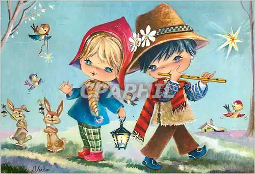 Cartes postales moderne Enfants Flute Lapins